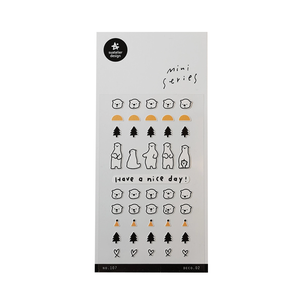 Packaging of a mini series sticker set with illustrations of a bear, sun, and trees and text on a light gray background