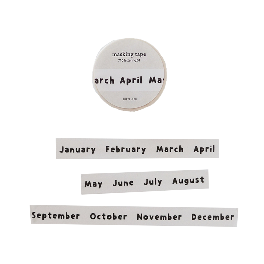 Washi tape with months printed on it on a white background