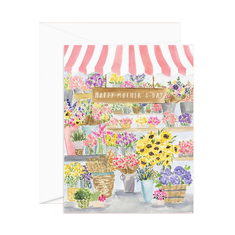 Greeting card with 'Happy Mother's Day' text and illustrations of flowers and a market stand.