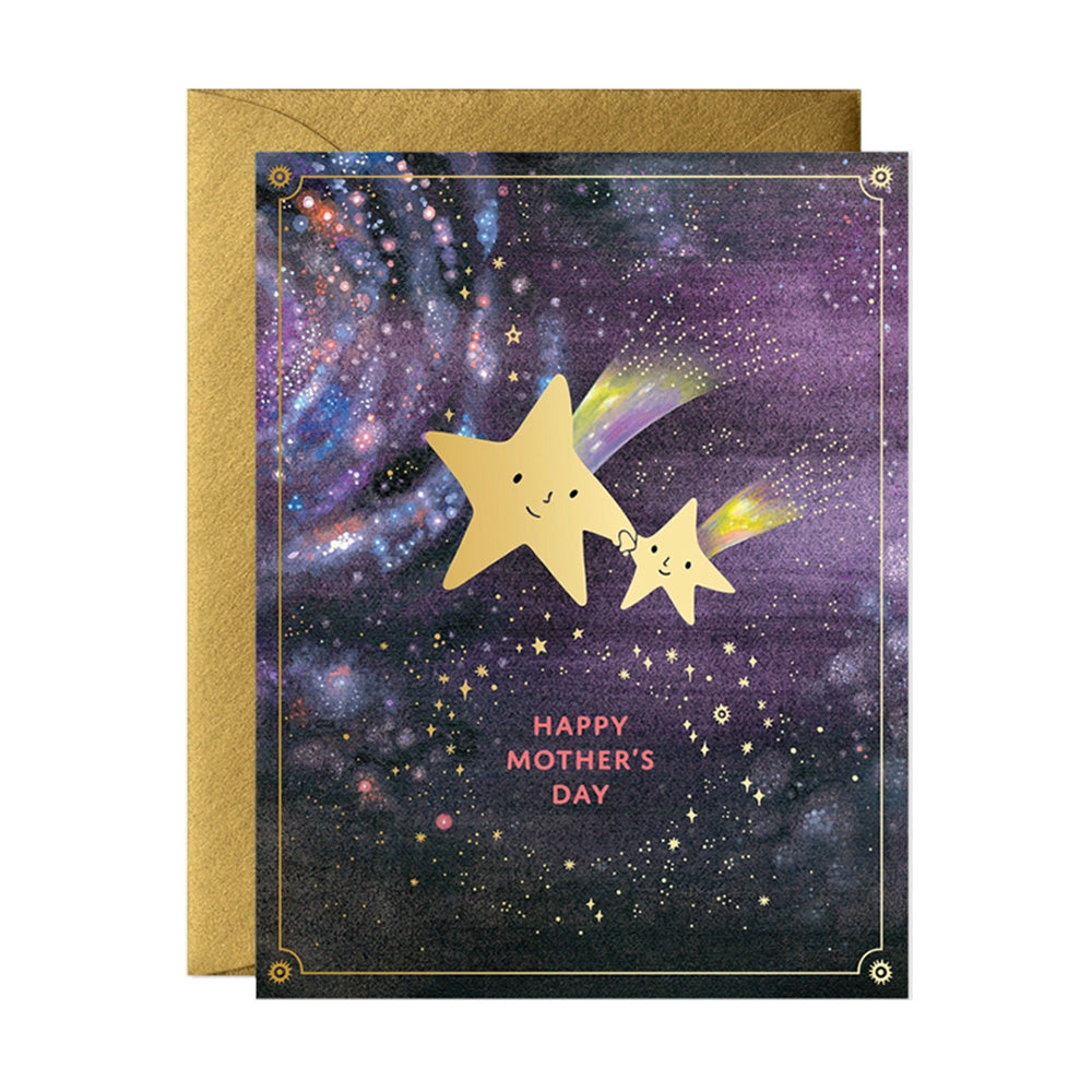 Greeting card with stars and 'Happy Mother's Day' text on a cosmic background