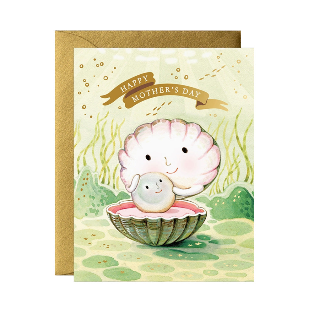 Mother's Day card with a shell character and baby pearl inside, on a white background "Happy Mother's Day" text.