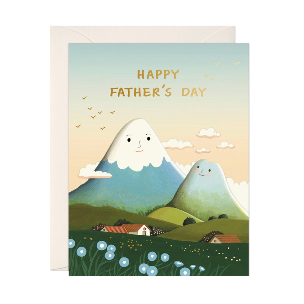Father's Day card with mountains, one big and one little, and clouds design with text, "Happy Father's Day"