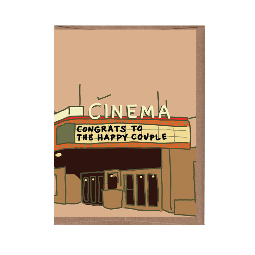 Illustration of a cinema with a marquee reading "Congrats to the happy couple"