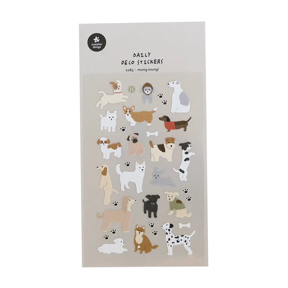 Sheet of decorative stickers featuring illustrations of dogs on a beige background.