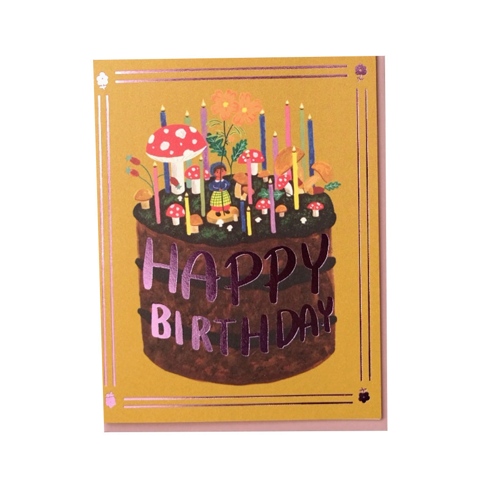 Birthday card with mushrooms on a cake and 'Happy Birthday' text on a yellow background