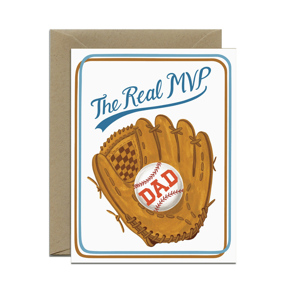 Greeting card with a baseball glove and ball featuring 'DAD' text on the baseball and "The Real MVP" on top of the card.