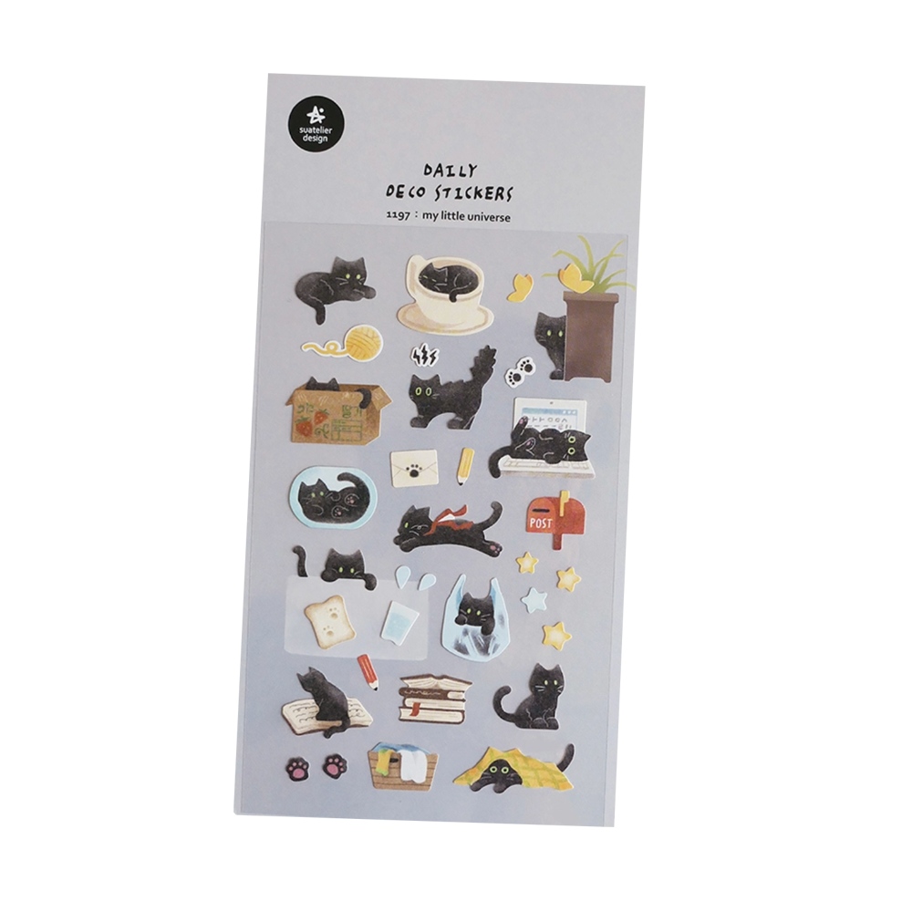 Sheet of decorative stickers with black cat illustrations on a white background