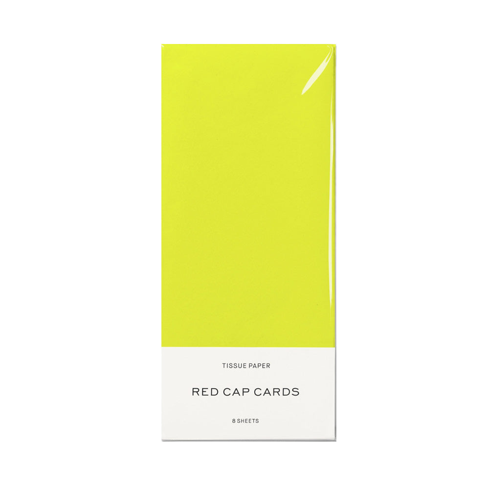 Yellow tissue paper pack with 'Red Cap Cards' branding on a white background