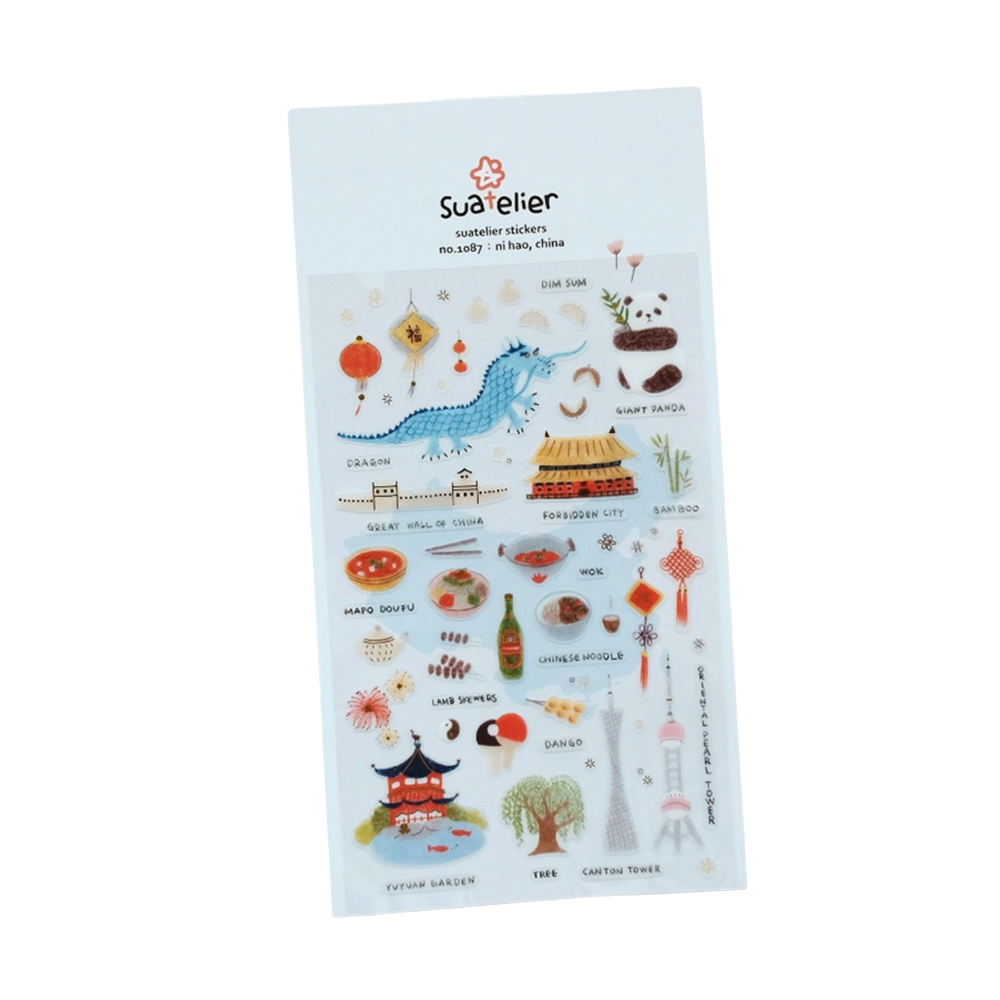 A single sheet of Suatelier 'ni hao china' stickers shown at an angle on a plain white background. The stickers feature various China-themed illustrations.