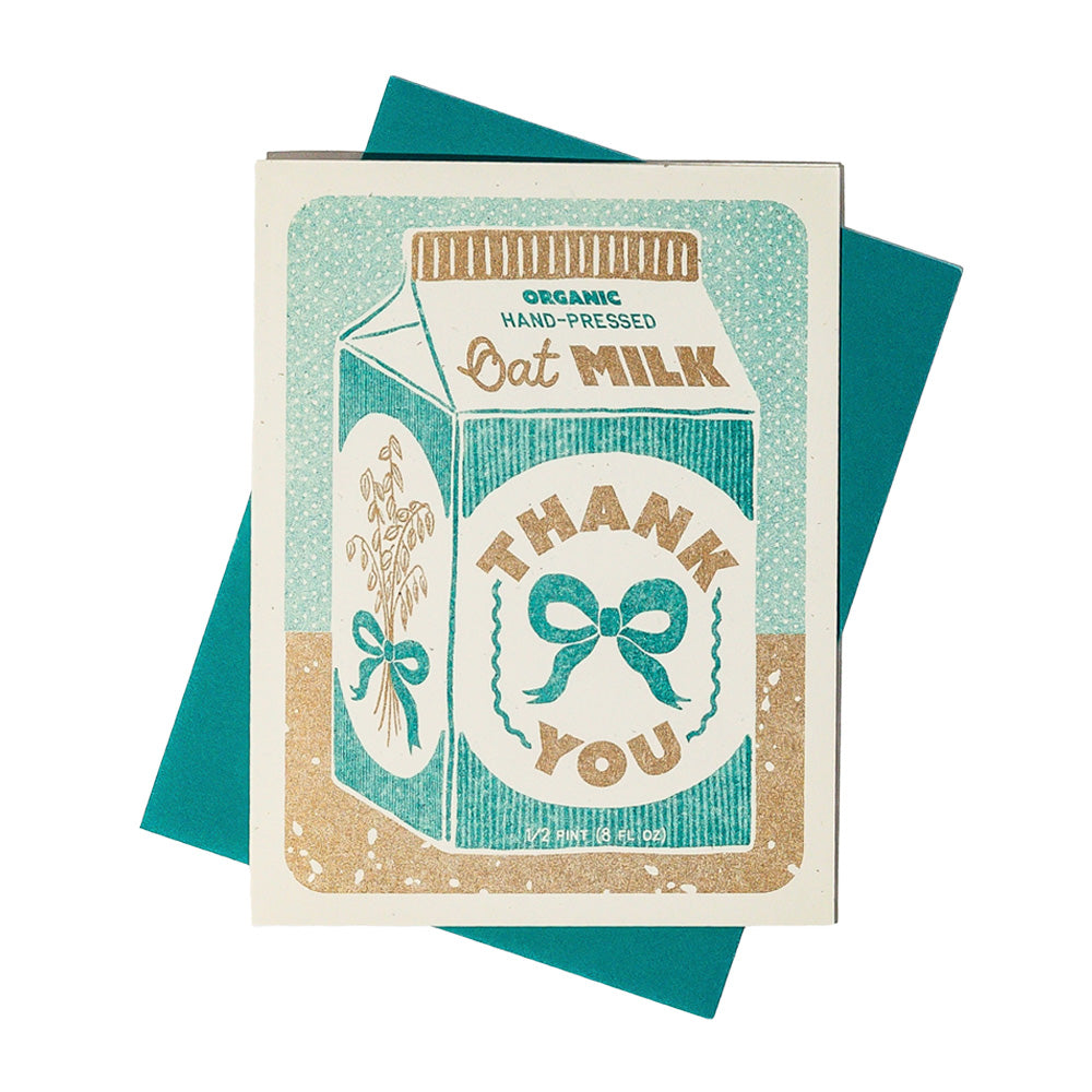 Card with oat milk carton design and 'Thank You' text on a white background