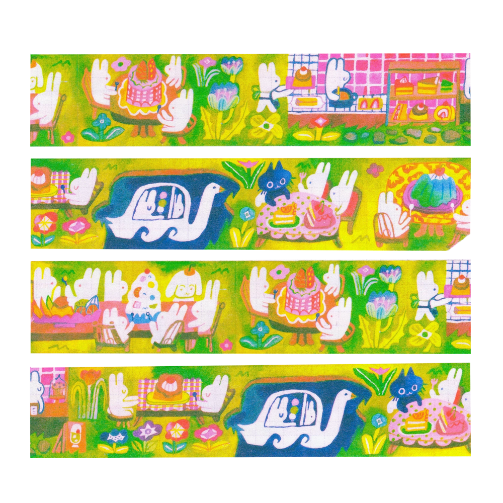4 lines of washi tape with rabbits and cats at the park doing various activities like taking a swan ride and eating dessert.