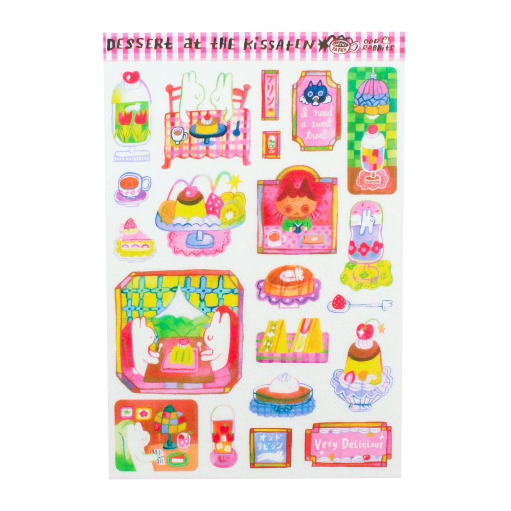 Sticker sheet of rabbits and kittens eating dessert and various desserts.