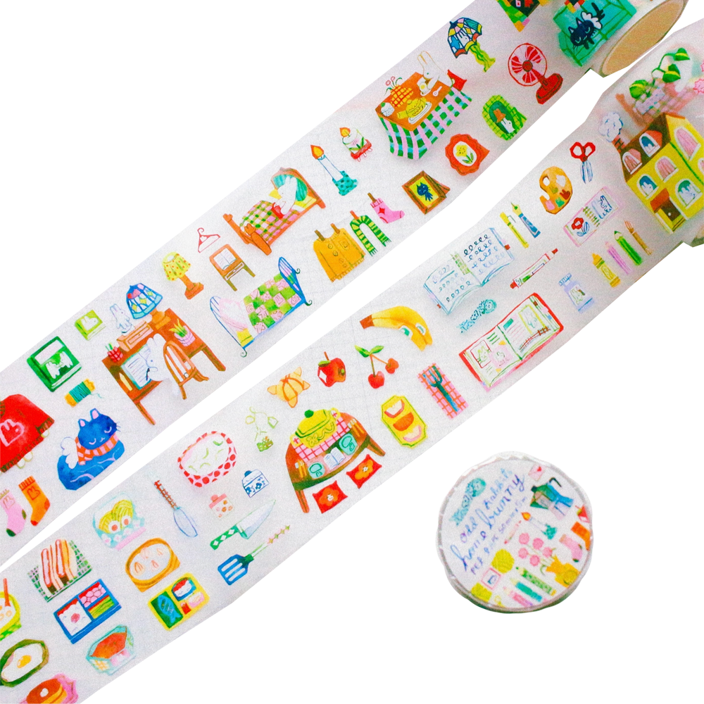 Two rolls of colorful stickers with various designs on a white background.