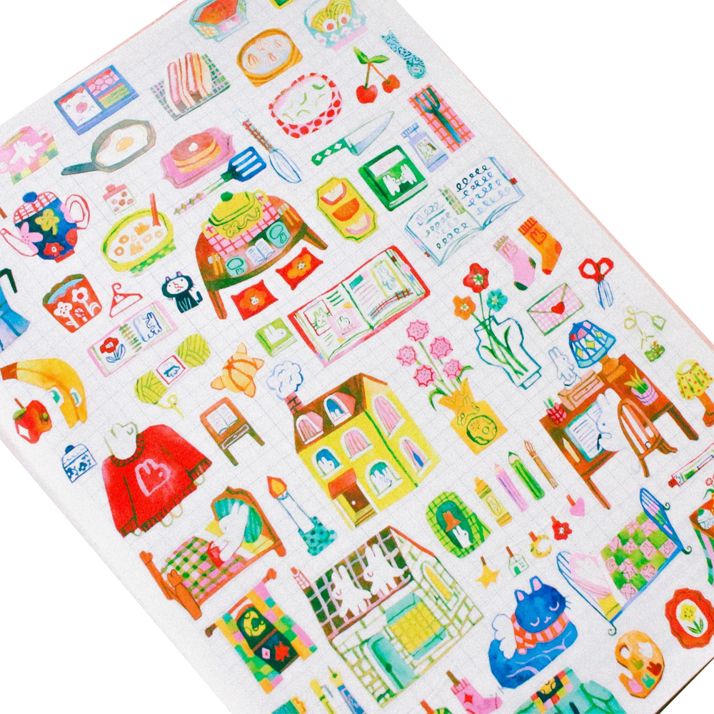 Sheet of colorful illustrated stickers on a white background