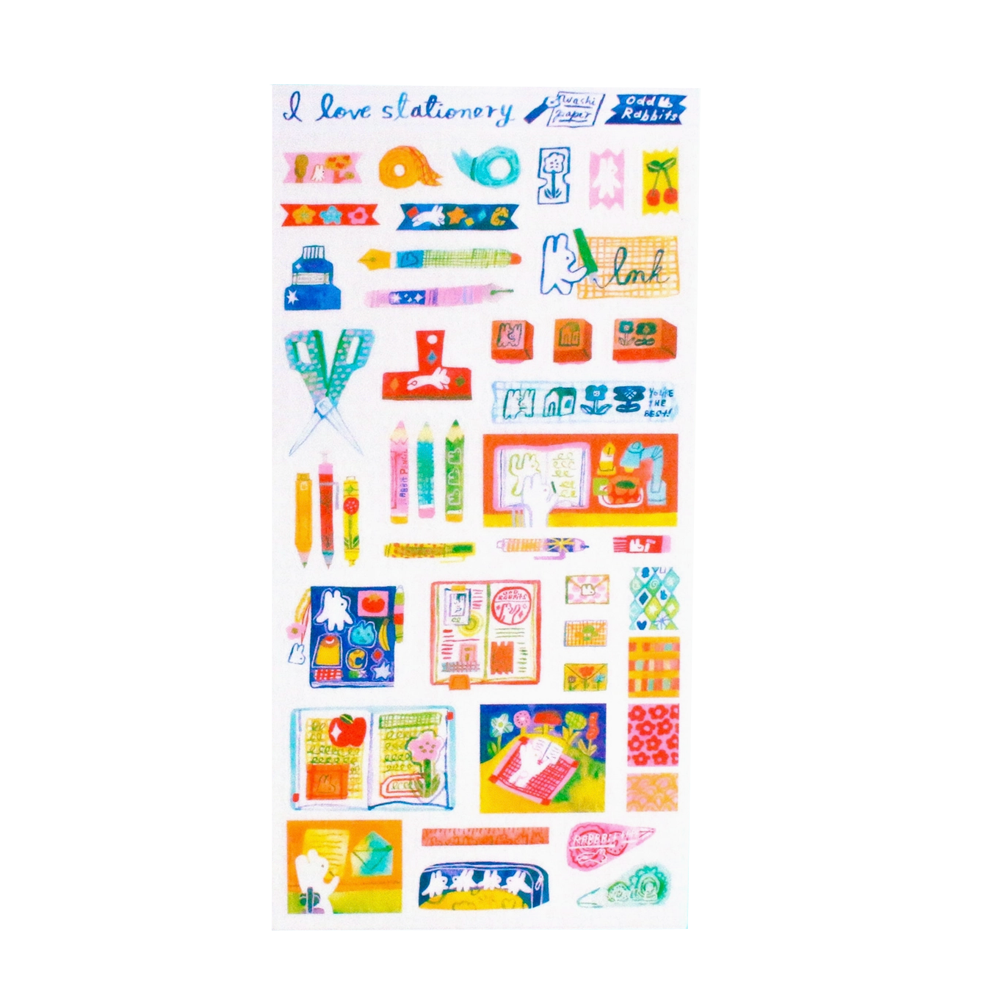 Sticker sheet of various stationery products.