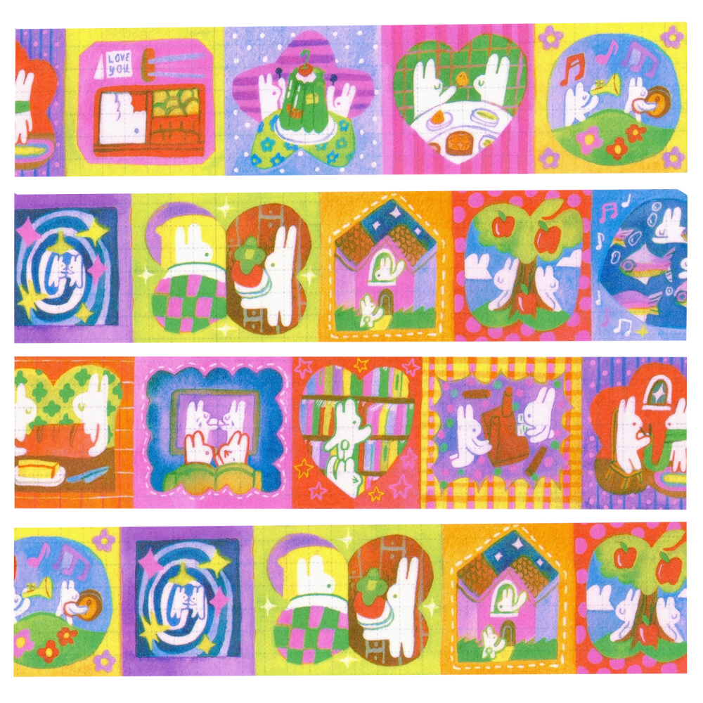 4 lines of washi tape with illustrations of two rabbits doing various activities.