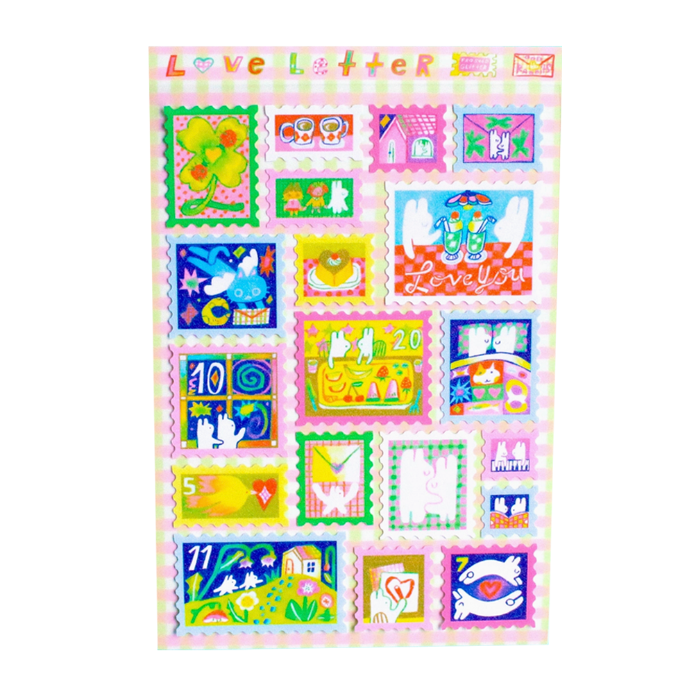 Sticker sheet of designed stamps with various illustrations.
