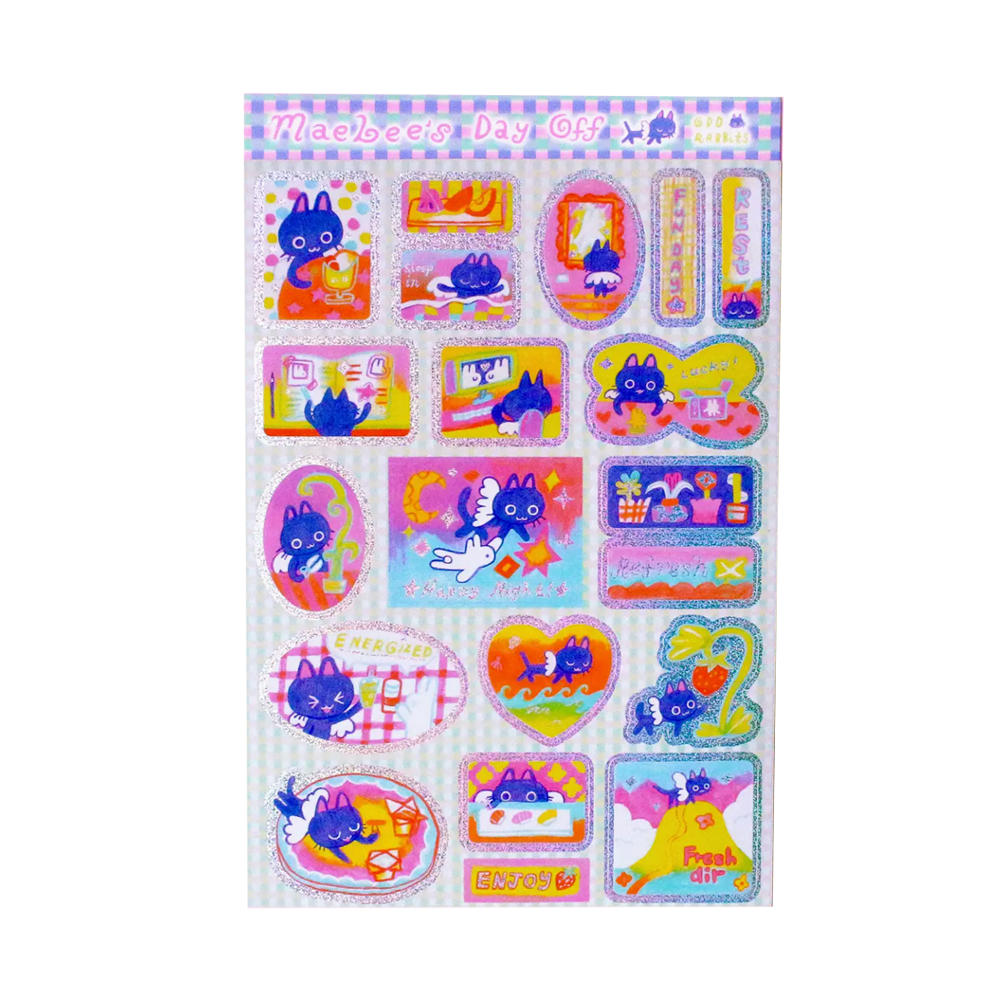 Sheet of colorful stickers with cartoon characters on a white background