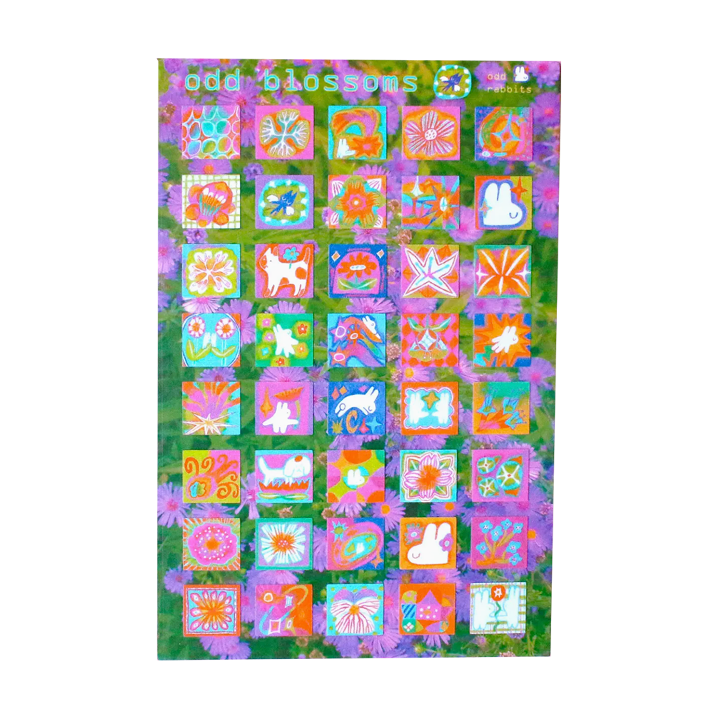 Sticker sheet with bright designs in the shape of a square.