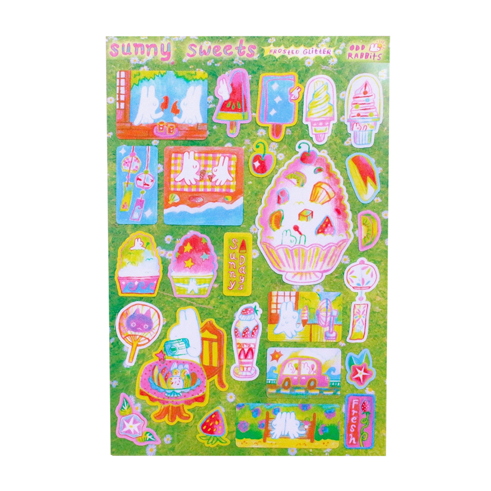 Sticker sheet with colorful sweets-themed designs on a green background
