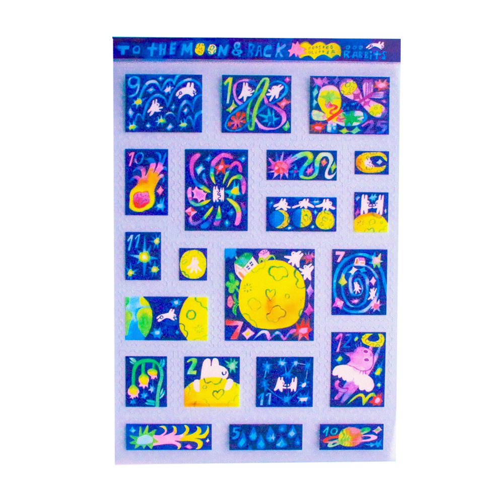 Colorful sticker sheet with various designs on a white background
