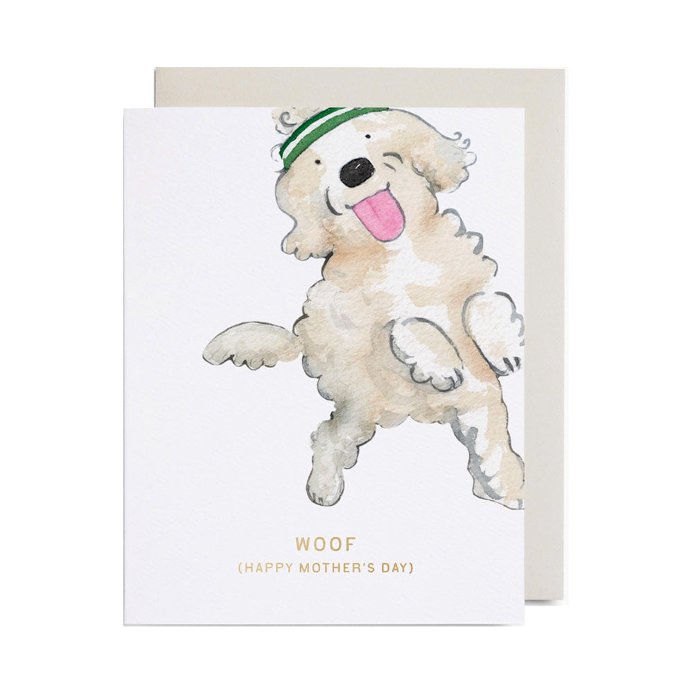 Greeting card with a dog illustration and 'Woof (Happy Mother's Day)' text on a white background