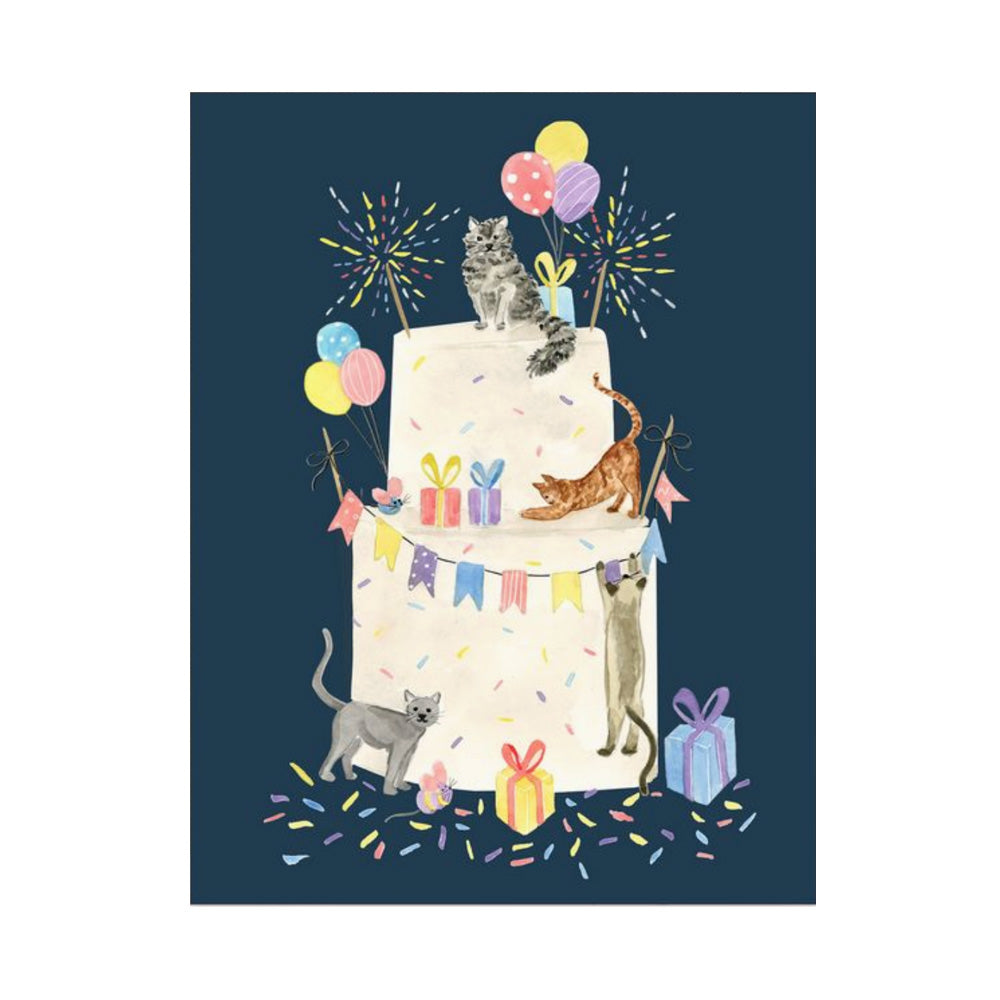 Illustration of cats around a birthday cake with balloons and fireworks on a dark blue background