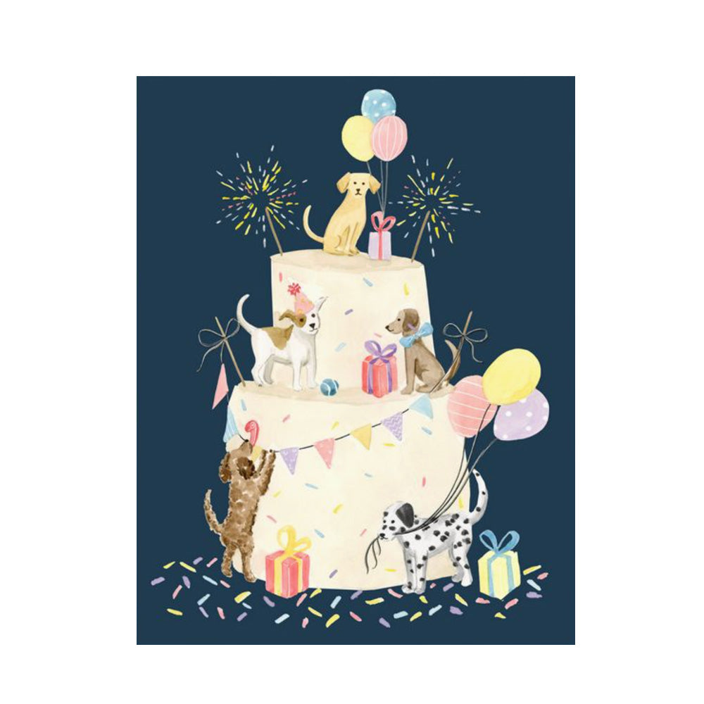 Illustration of a birthday cake with dogs and balloons on a navy background
