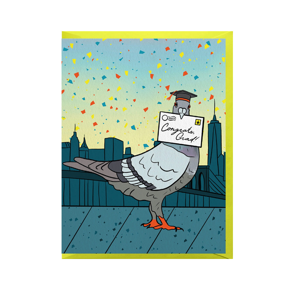 Graduation card with a pigeon holding a envelope reading "Congrats Grad!"  in a city. 