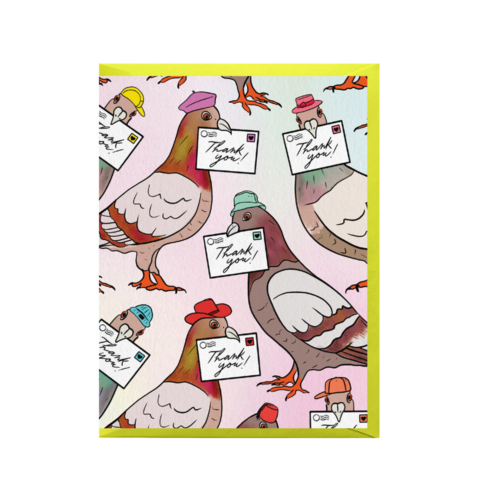 Card with cartoon pigeons wearing hats and holding 'thank you' notes on a pink background
