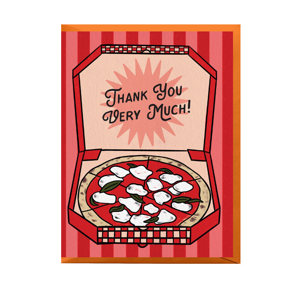 Card with a pizza illustration and 'Thank You Very Much!' text on a red and orange striped background.
