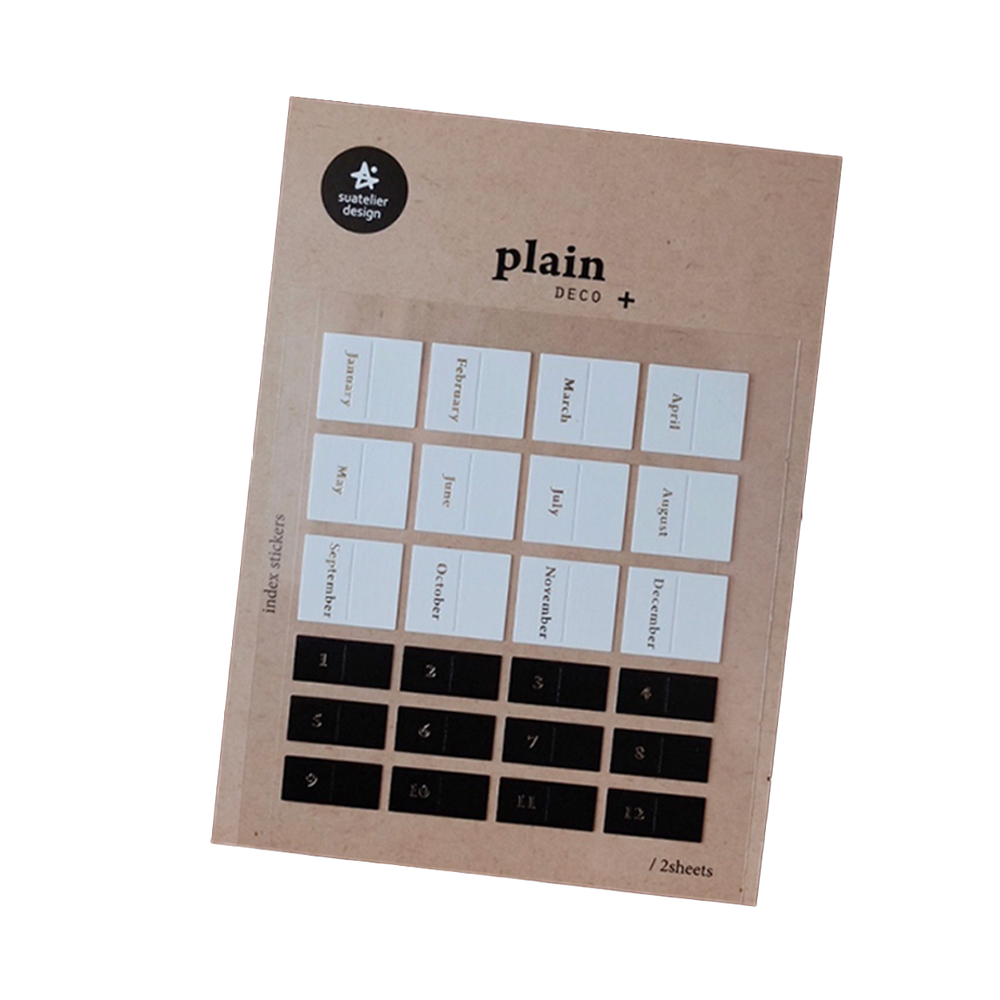 A kraft paper backing card for planner sticker sets, featuring white month labels and black numbers on a light brown background.