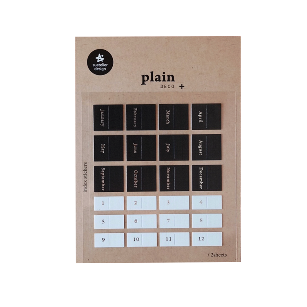 A kraft paper backing card for planner sticker sets, featuring black month labels and white numbers on a light brown background.