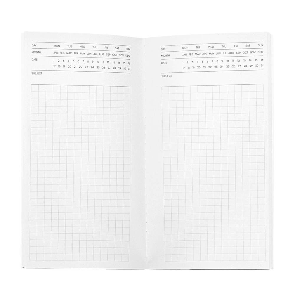 Two sheets of grid paper with a calendar layout on a white background