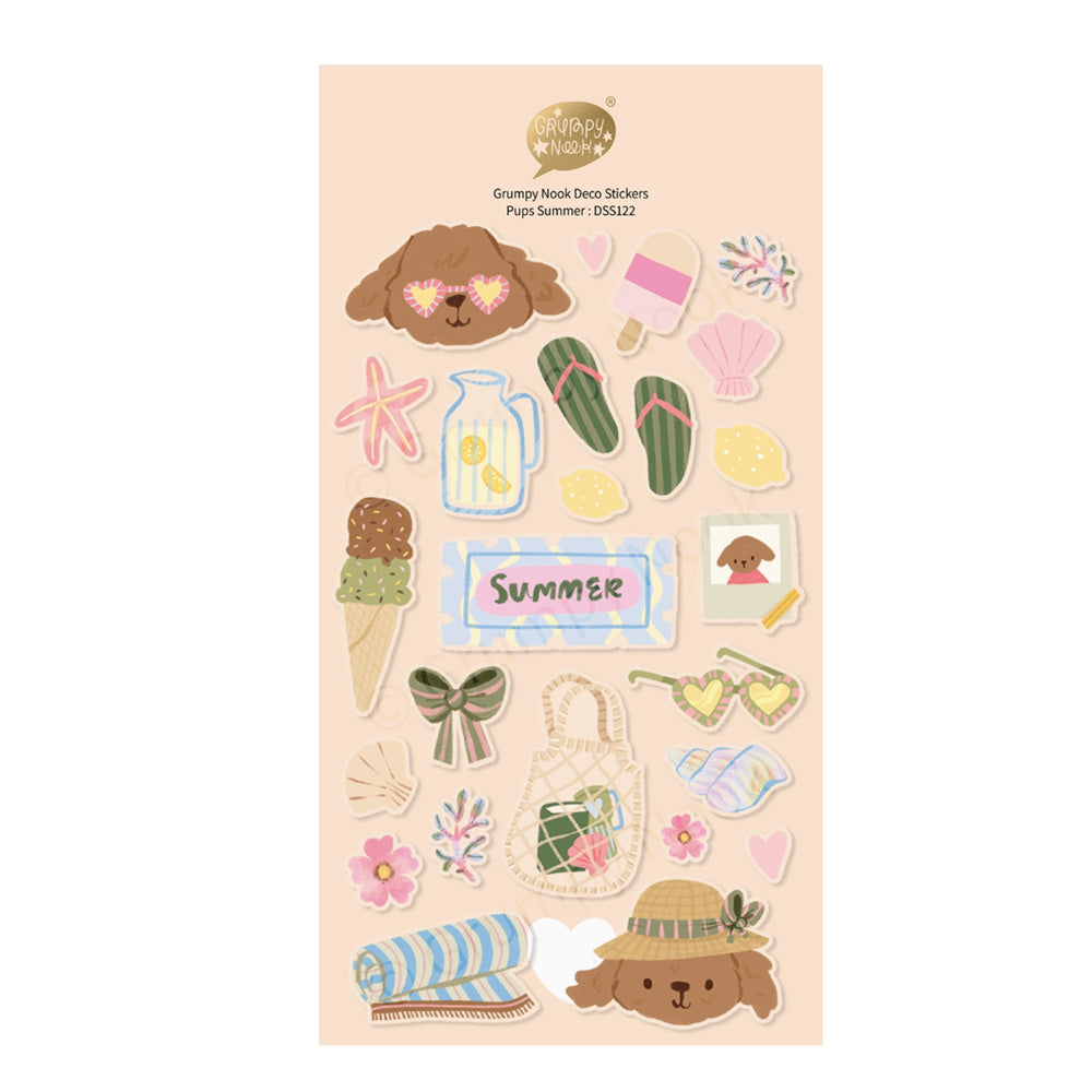 Pack of decorative stickers with summer-themed designs on a pink background