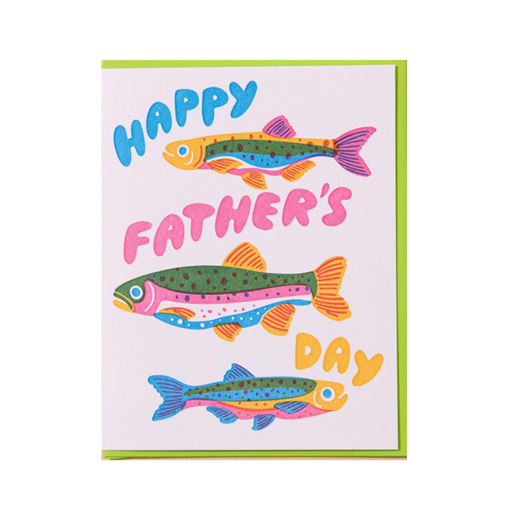 Father's Day card with colorful fish illustrations and text on a white background with text, "Happy Father's Day"