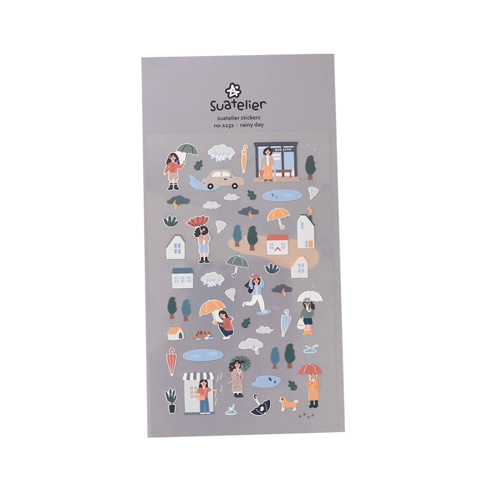Sticker sheet featuring rain, umbrellas, puddles, people, etc.