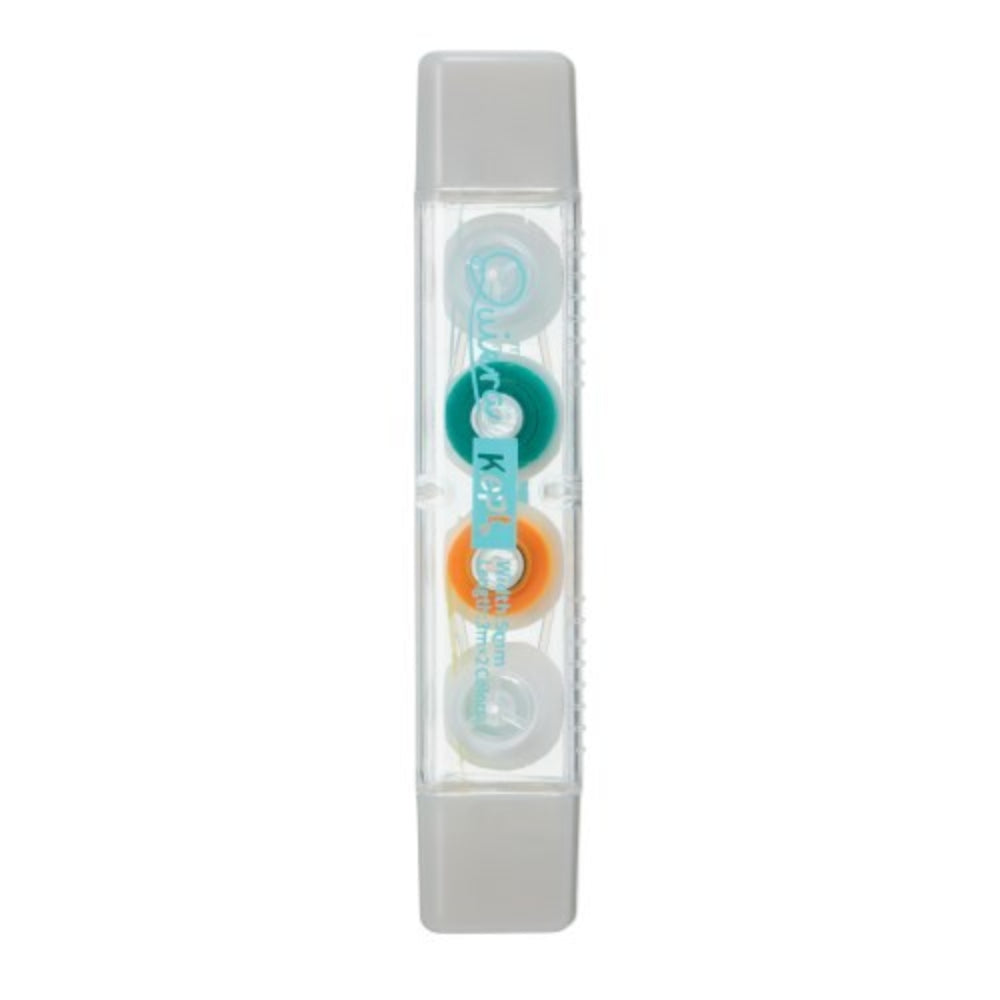 Clear container with colorful circular objects on a white background