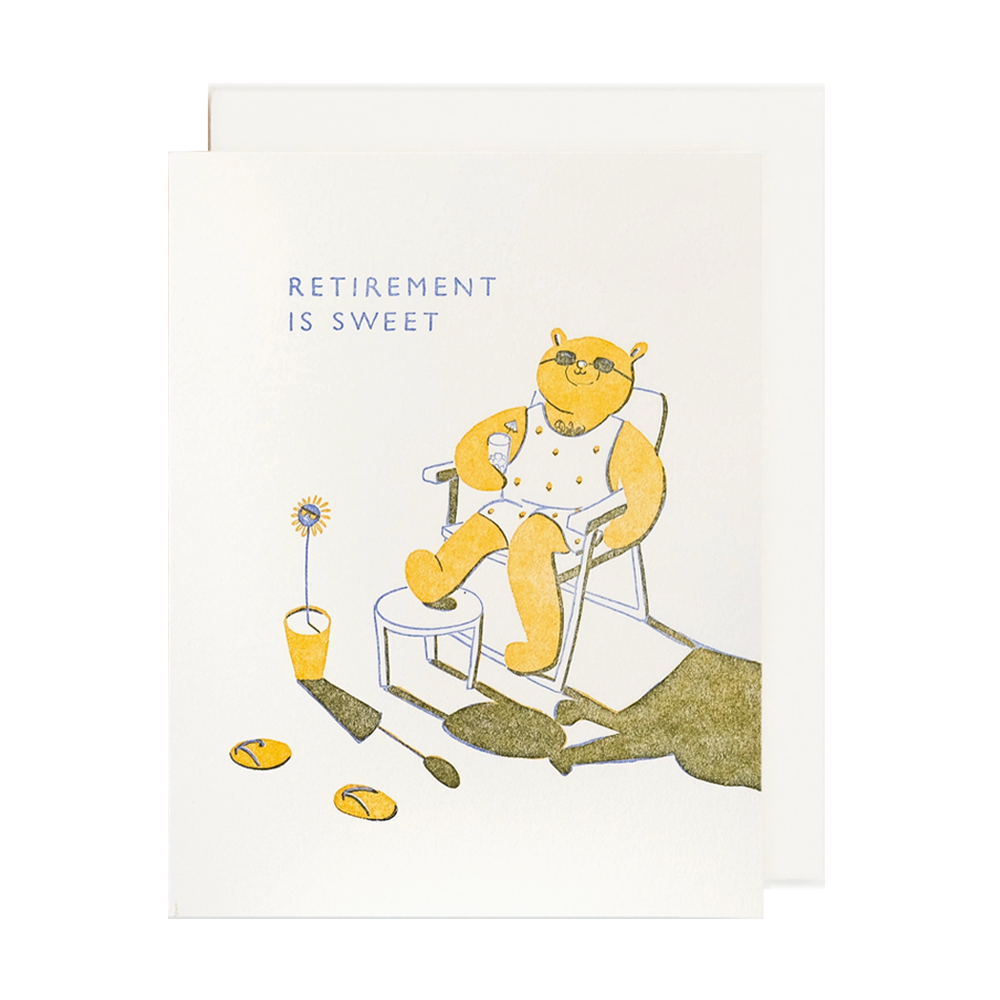 Greeting card with an illustration of a bear wearing a tanktop, holding a drink with a foot up on a stool with text "Retirement is sweet"