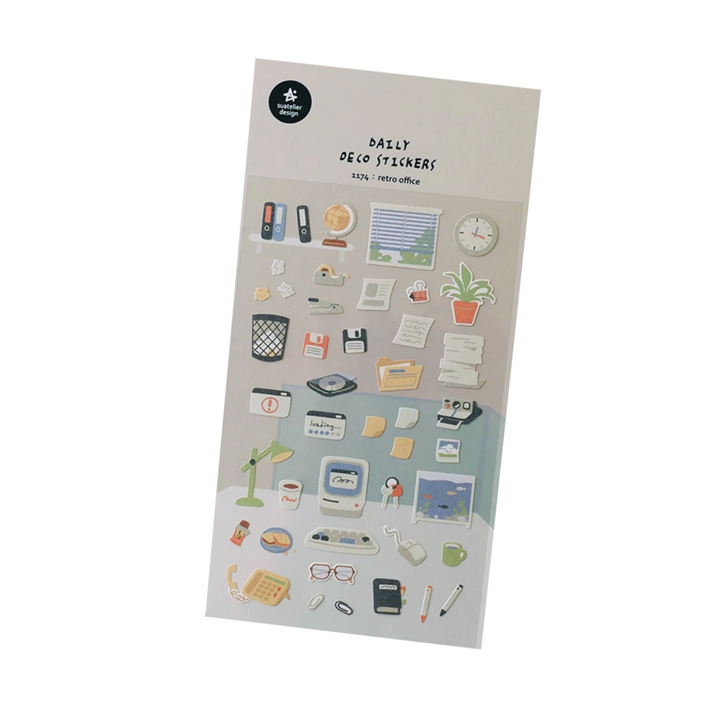 Sheet of decorative office-themed stickers on a white background