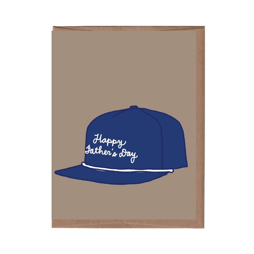Greeting card with a blue cap and 'Happy Father's Day' text on a beige background