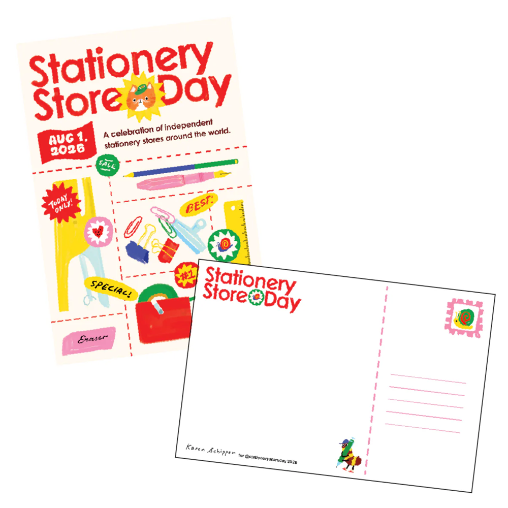 A stationery-themed postcard featuring the text 'Stationery Store Day' with colorful illustrations of stationery items.