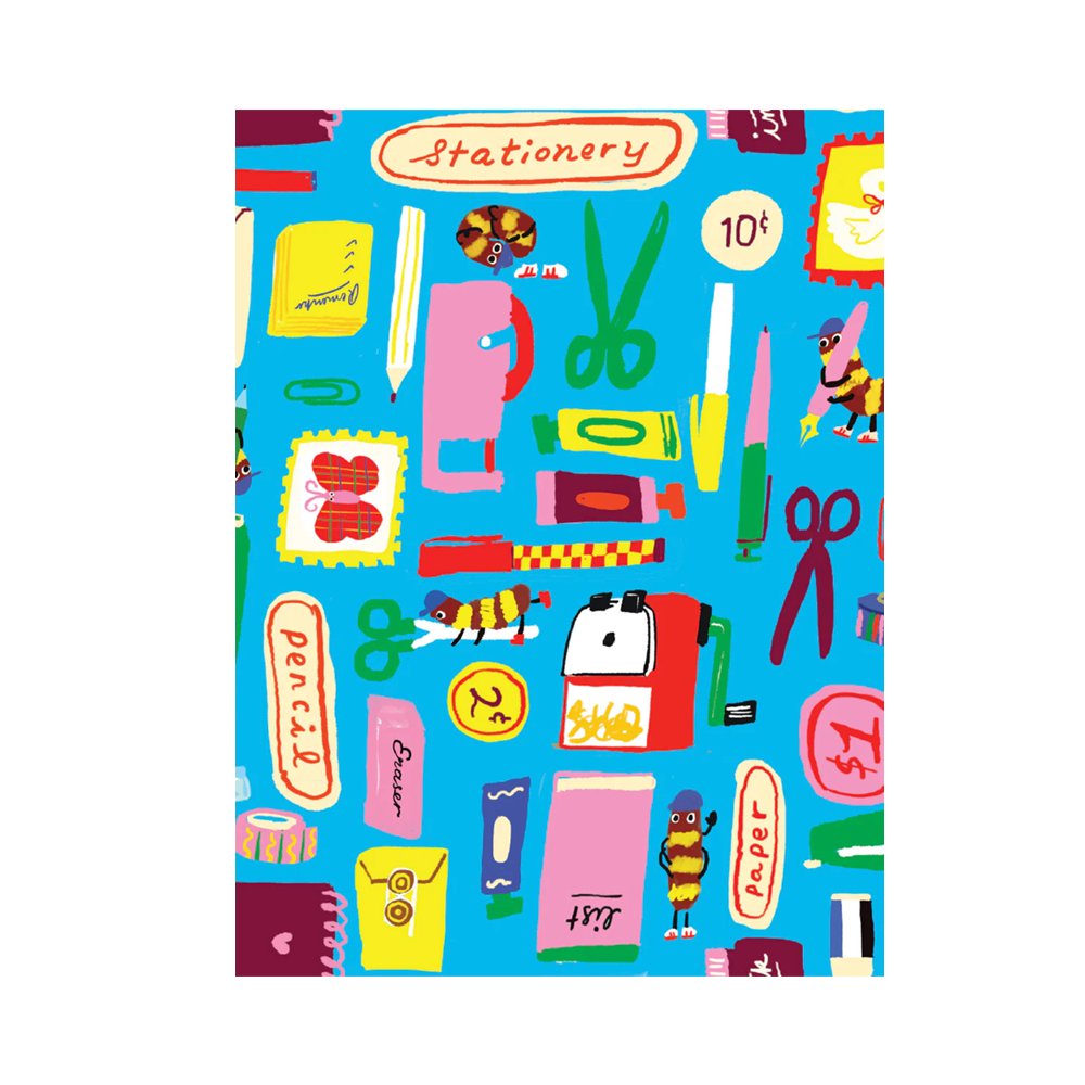 Sticker release paper with stationery illustrations on a blue cover. 