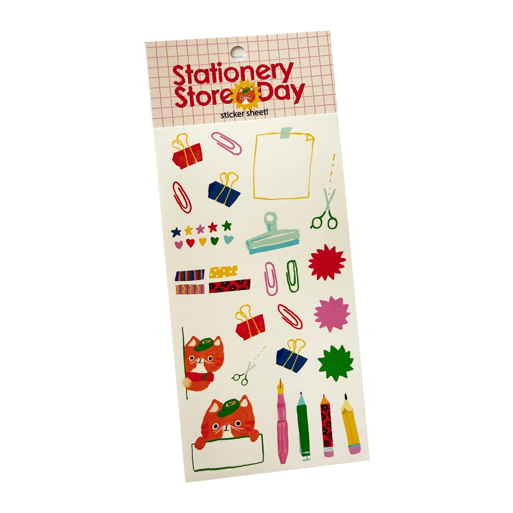 Sticker sheet with a cat and stationery illustrations.