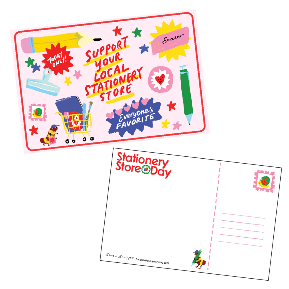 Postcard with pink background and "Support your local stationery store" on the front with various stationery illustrations.