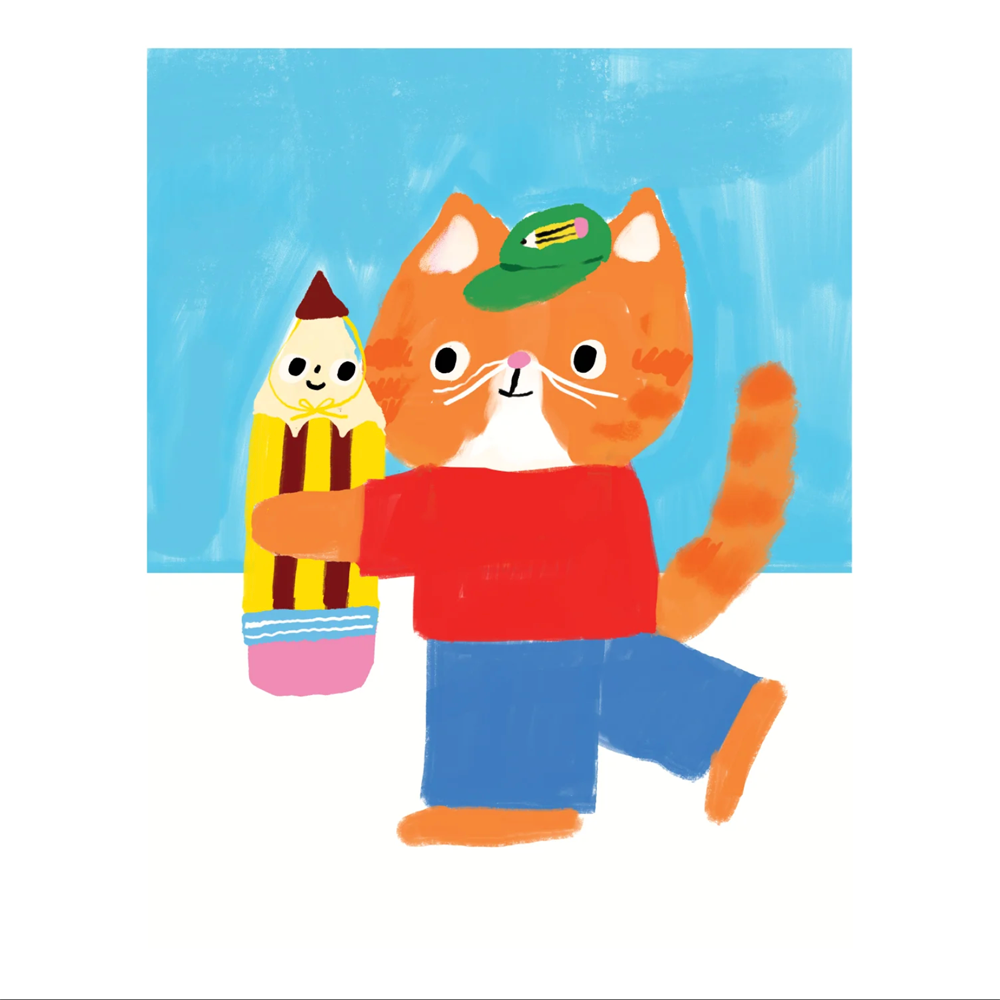 A whimsical illustration of an orange tabby cat wearing a green cap and red shirt, holding a large yellow pencil with a smiling face against a light blue square background on a white canvas.