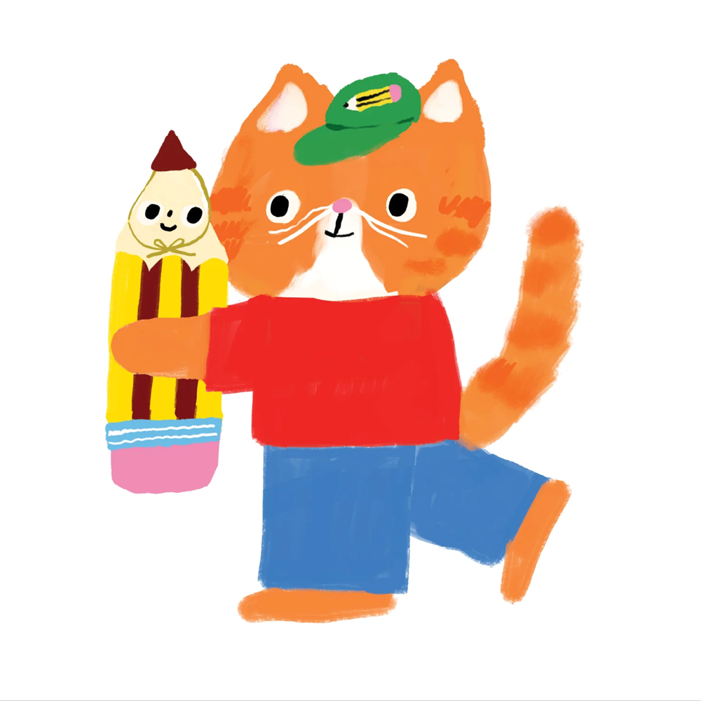 Orange cat holding a pencil with smiles on both of their faces