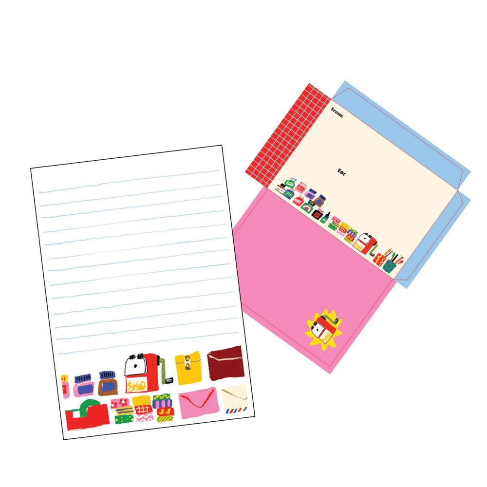 A set of stationery items on a white letter sheet, plus a matching envelope in red plaid, cream, and light blue.