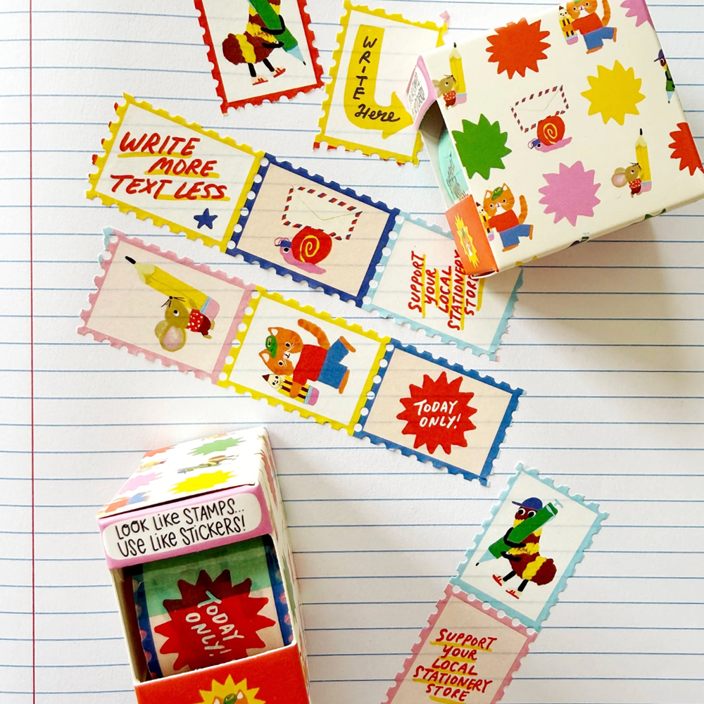 Washi tape that looks like postage stamps with various stationery illustrations.