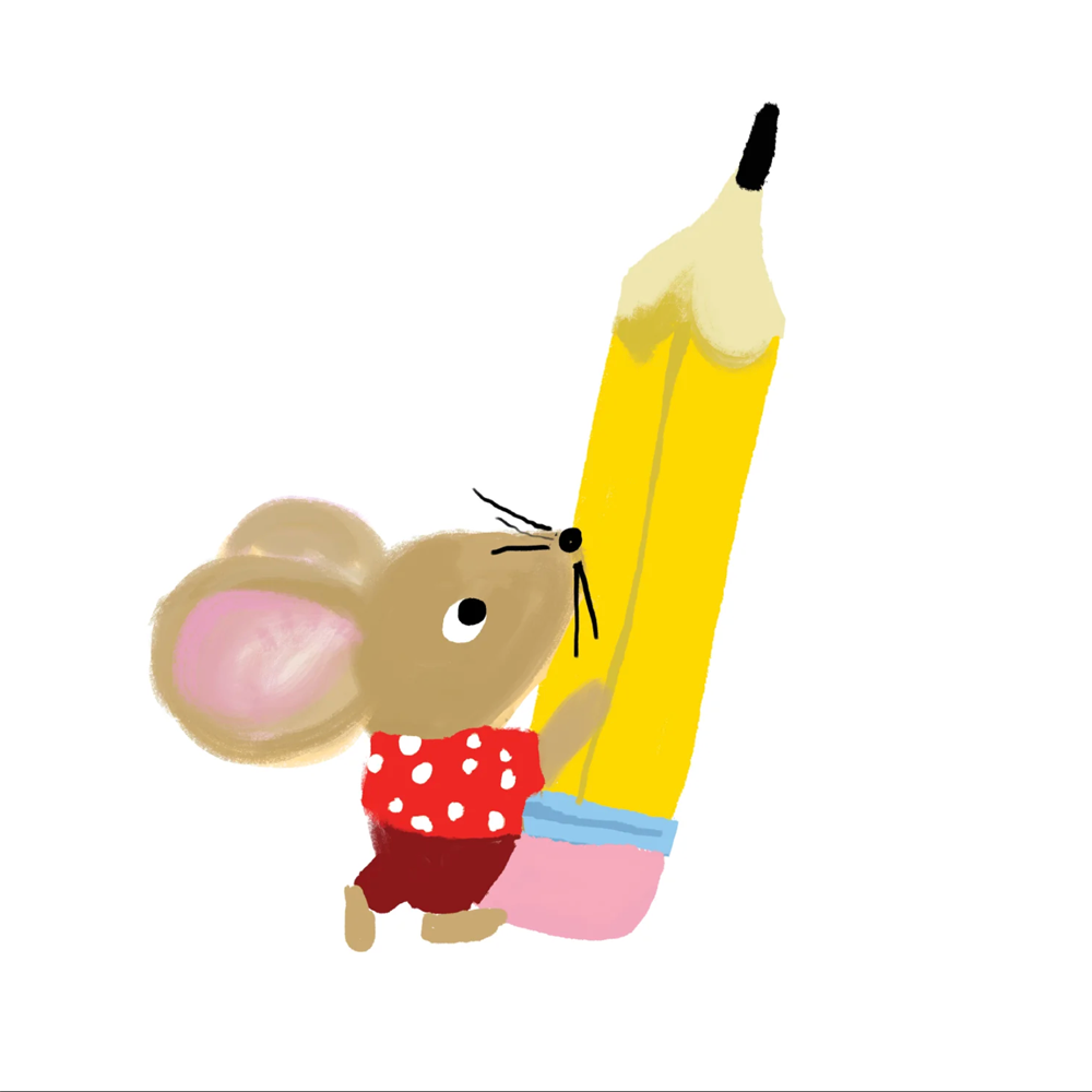 Mouse holding a tall pencil.